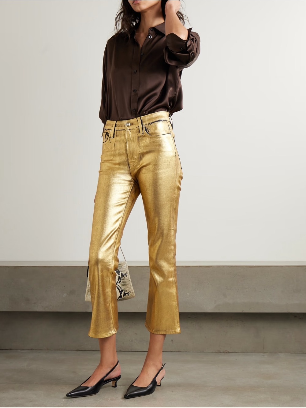 NWT Frame Le Crop Mini Boot Flare Jeans Metallic Gold 28